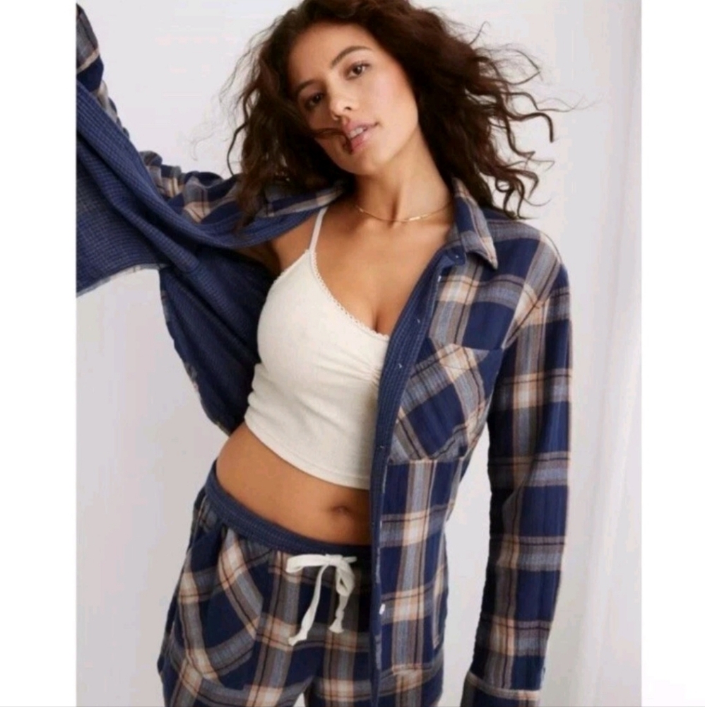 Aerie Plaid Button Down Shirt Cotton Gauze Size Medium Women’s Blue Cream Tan. - Picture 1 of 8